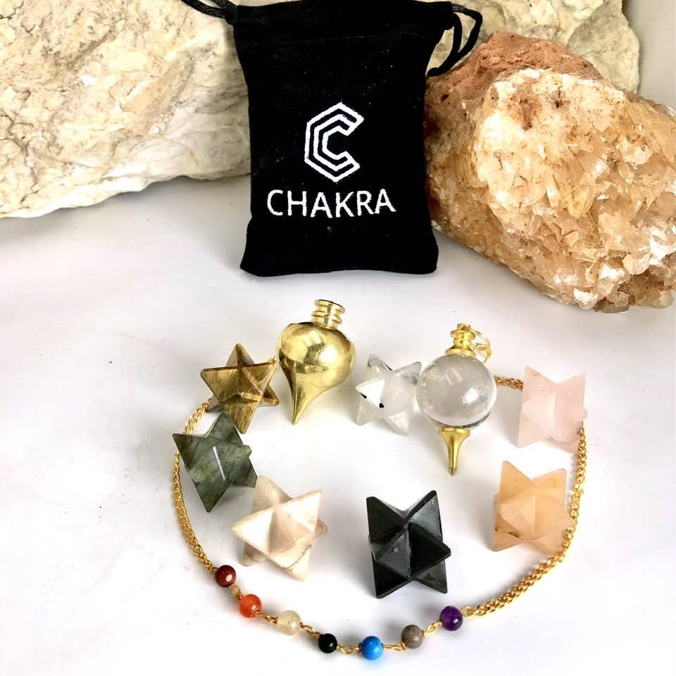 Σετ Αστέρων Merkaba από Ημιπολύτιμους Λίθους & Διπλό Επίχρυσο Εκκρεμές με Θάλαμο Μάρτυρα & Λευκό Χαλαζία